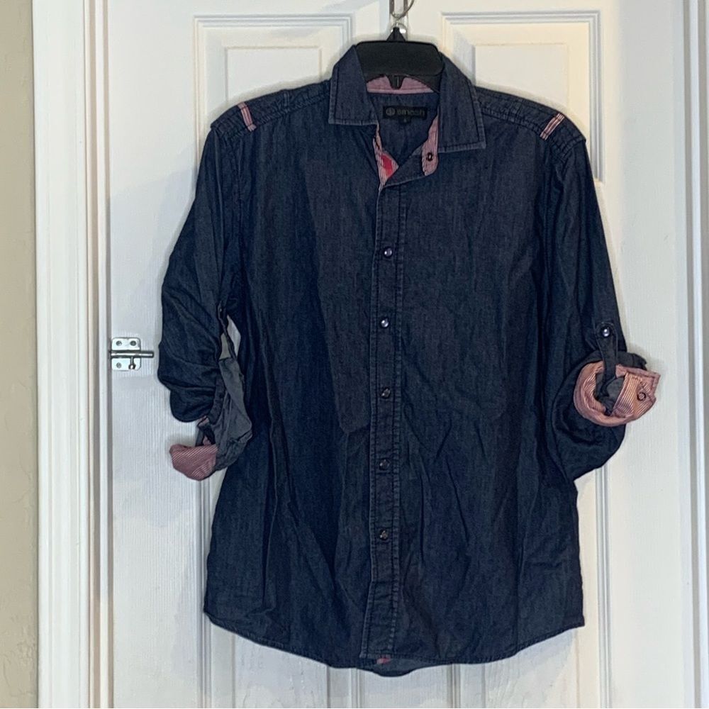 Smash Dress Shirt Men Size S Blue Denim Shirt Long Sleeve Rolled Sleeves